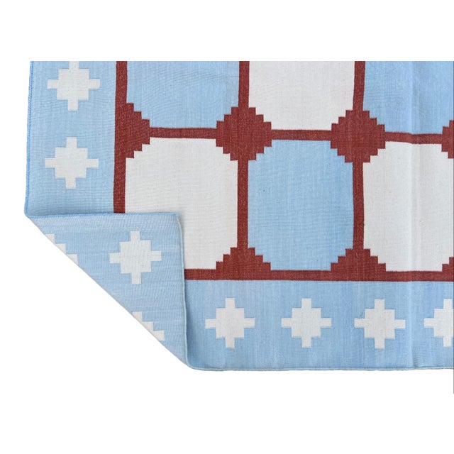 Handwoven Cotton Area Rug, Sky Blue and Terracotta Red Tile Swedish Dhurrie - 6'x9' For Sale - Image 10 of 13
