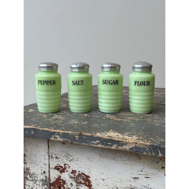 1950s Vintage Jeanette Glass Jadeite Shakers, Set of Four, Circa 1950s For Sale - Image 5 of 14