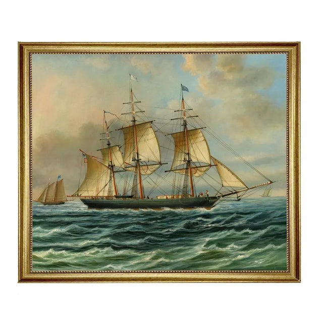 Baltimore Clipper Architect Framed Oil Painting Print on Canvas in Antiqued Gold Frame For Sale - Image 4 of 4