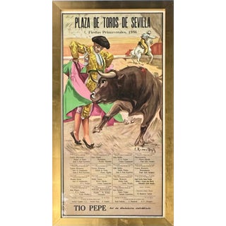 1986 Plaza De Toros De Sevilla Bullfight Poster – Fiestas Primaverales, Tío Pepe Advertisement – Framed For Sale