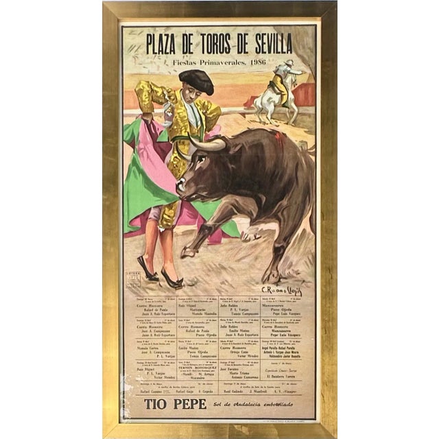 1986 Plaza De Toros De Sevilla Bullfight Poster – Fiestas Primaverales, Tío Pepe Advertisement – Framed For Sale