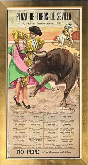 1986 Plaza De Toros De Sevilla Bullfight Poster – Fiestas Primaverales, Tío Pepe Advertisement – Framed