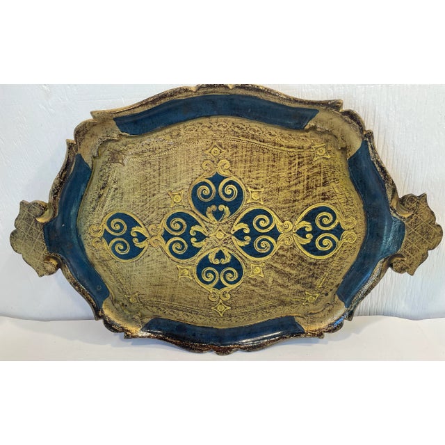 Beautiful blue and gold Italian gilt wood tray!