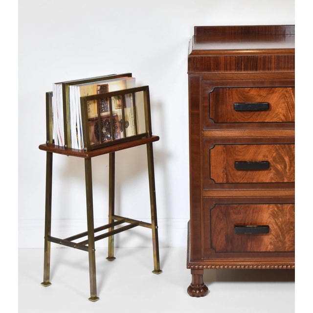 An Edwardian Arts & Crafts period brass & mahogany canterbury newspaper/magazine rack. Circa 1900. In very good original...