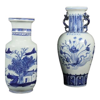 Two Vintage Chinese Blue and White Vases For Sale