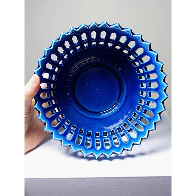 1970s Peacock Blue Openwork Earthenware Cachepot from Malicorne Moreau-Bourg-Joly, 1970s-1980s For Sale - Image 5 of 9