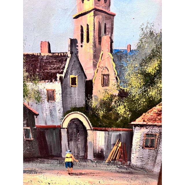 This Vintage Framed Oil Painting Is Signed "Mary Botto" and Depicts a Charming European Village Street Scene With Old-World Stone Buildings. For Sale - Image 11 of 12