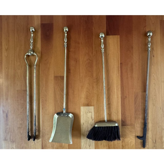 Howes-Marked Brass Fireplace Tool Set and Stand With Cannonball Andirons, Made in Usa For Sale - Image 13 of 13