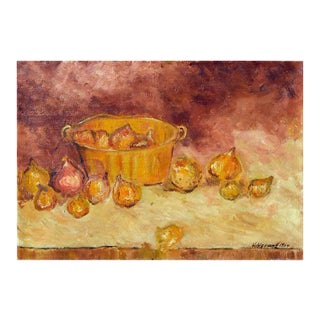 Mid 20th Century Onions and Copper Pot Still Life Oil Painting For Sale