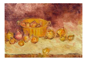 Mid 20th Century Onions and Copper Pot Still Life Oil Painting