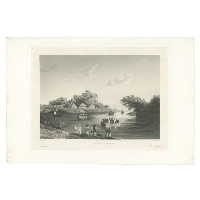 Antique print titled 'Rivière de Yanaon'. Etched and aquatint view on chine collé depciting the Yanoan River in India....
