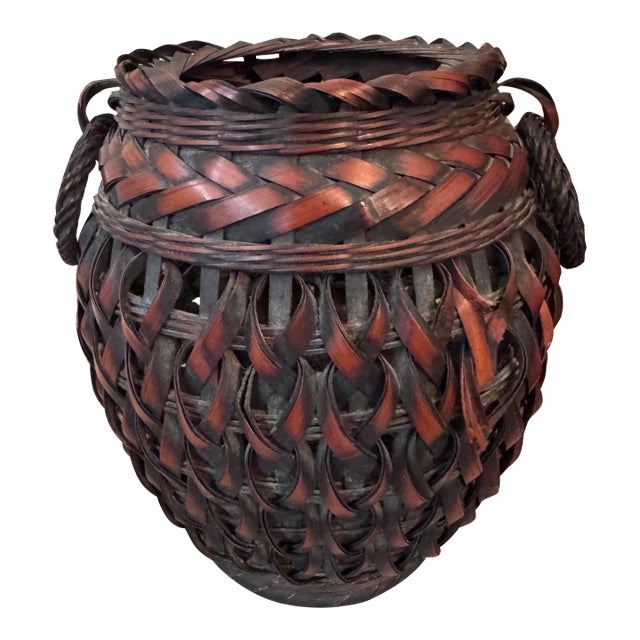 Antique Japanese Woven Bamboo and Rattan Ikebana Flower Basket With Double Handles For Sale