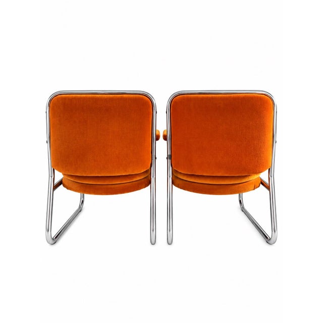 Mid-Century Modern 1970's Vintage Mid-Century Chrome Cantilever Armchairs, Orange Tufted Velvet, Set of 2 For Sale - Image 3 of 10