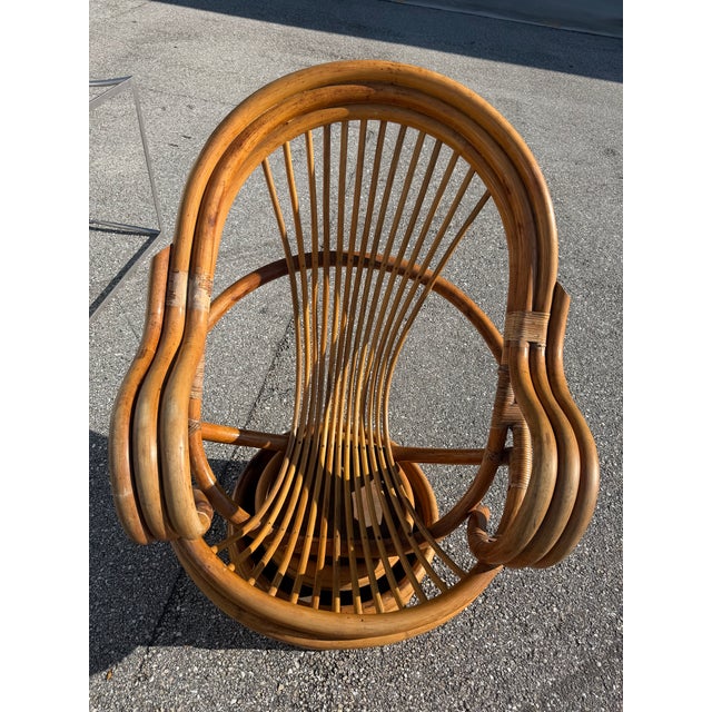 Wood Vintage Rattan Swivel Rocker Lounge Chairs and One Ottoman Set For Sale - Image 7 of 18
