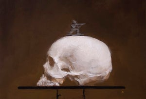 Warhead by Zack Zdrale | Oil on panel Skull with a toy soldier on top.