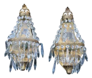 Small French Wall Lamps in Brass and Crystal, 1950s, Set of 2