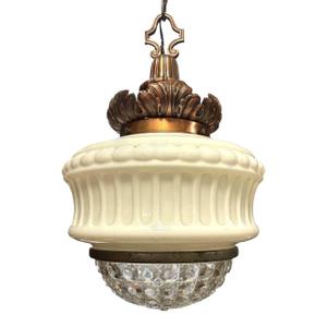 Art Deco Copper Acanthus Leaf Pendant Light W/ Crystal & Milk Glass Acorn Shade