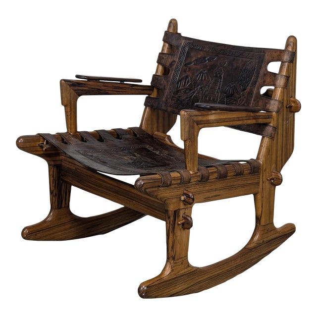 1960s Mid Century Modern Leather & Rosewood Rocking Chair by Angel Pazmino For Sale