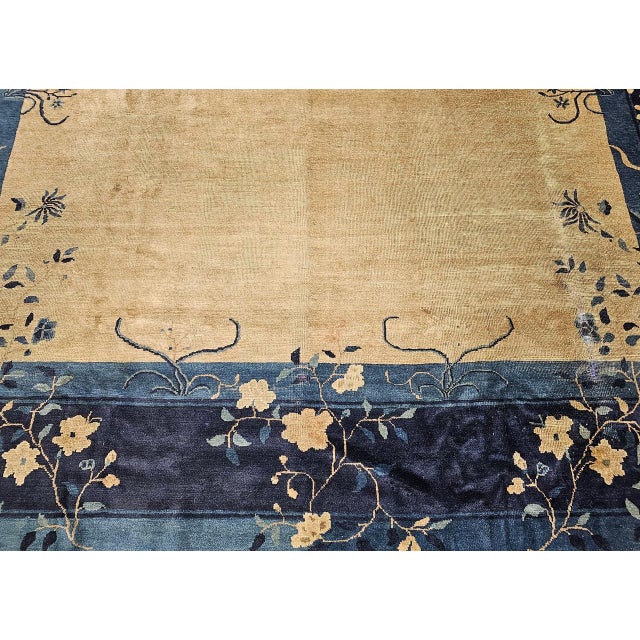 Antique Chinese Peking Rug, Wool Pile, Tan Field, Navy Border, 9' x 12' For Sale - Image 14 of 17