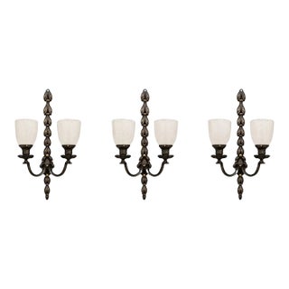 1930s Art Nouveau Two Arms Bronze W Frosted Milk Glass Shades Wall Sconce, a Set of 3 For Sale