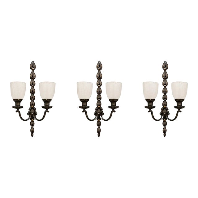1930s Art Nouveau Two Arms Bronze W Frosted Milk Glass Shades Wall Sconce, a Set of 3 For Sale