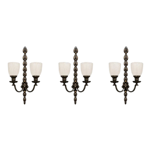 1930s Art Nouveau Two Arms Bronze W Frosted Milk Glass Shades Wall Sconce, a Set of 3