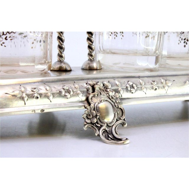 Silver and Painted Glass Cruet Set with Reliefs, Monogram Cards, Mustard Jar and Salt and Pepper Shakers, Set of 7, in...