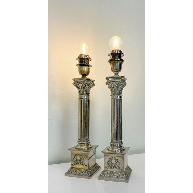 Metal Nickel-Plated Brass Column Table Lamps in the style of Greek, 1970s, Set of 2 For Sale - Image 7 of 11