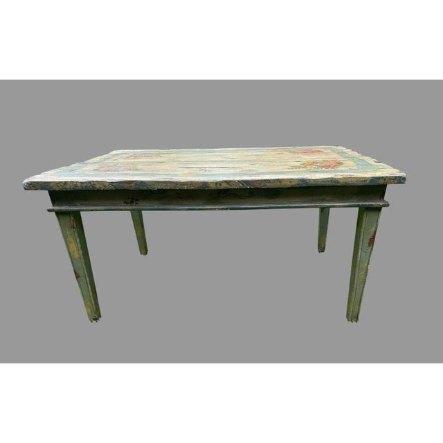 Vintage Primitive French Country Style Floral Paint Decorated Dining Table With all over purposely distressed wear to the...
