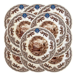 Royal Stafford English Brown Transferware Pheasants & Acorns Thanksgiving Dinner Plates - Set of 12 For Sale