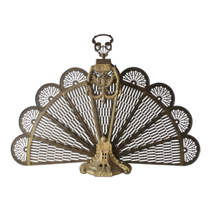 Vintage French Style Hollywood Regency Brass Peacock Style Fireplace Screen Grate With Cameo
