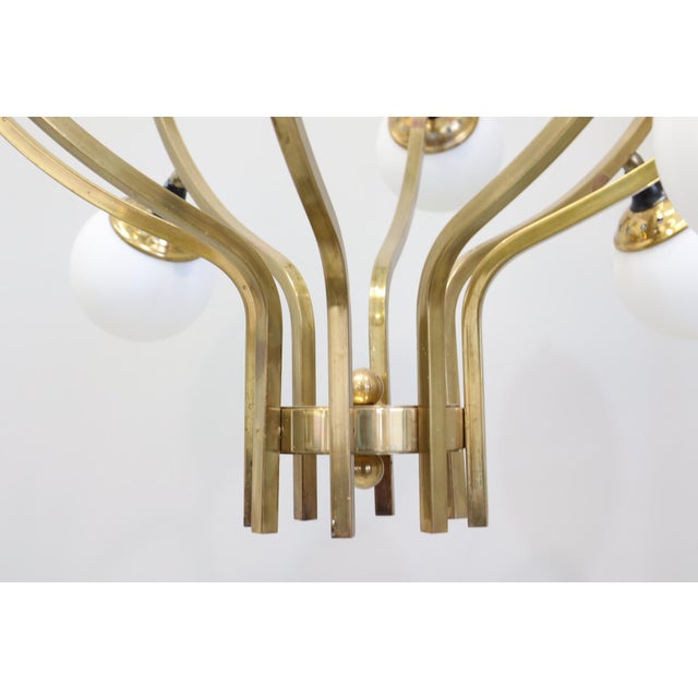 Large 20-Light Chandelier in Brass and Opal Spheres in the style of Stilnovo, 1988 For Sale - Image 4 of 13