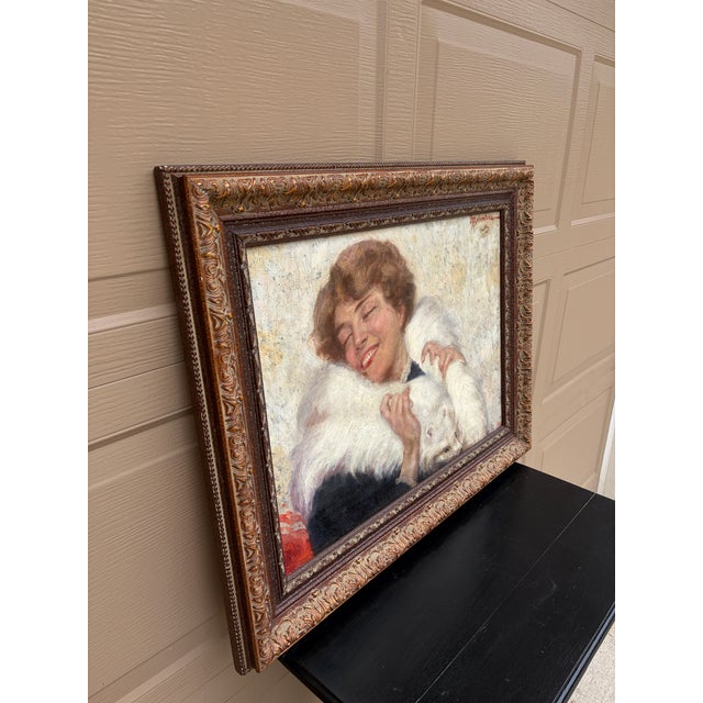 Art Deco Early 20th Century Adolfo Belimbau Portrait of a Woman in a White Fox Stole, Antique Italian Oil on Canvas For Sale - Image 3 of 10