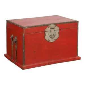 Chinese Qing Dynasty Period 19th Century Red Lacquer Trunk with Metal Edging