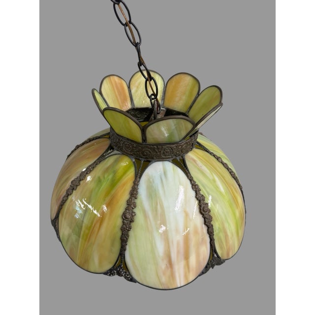 Vintage Green, Lotus, Slag Glass Hanging Lamp Light Fixture For Sale - Image 4 of 12