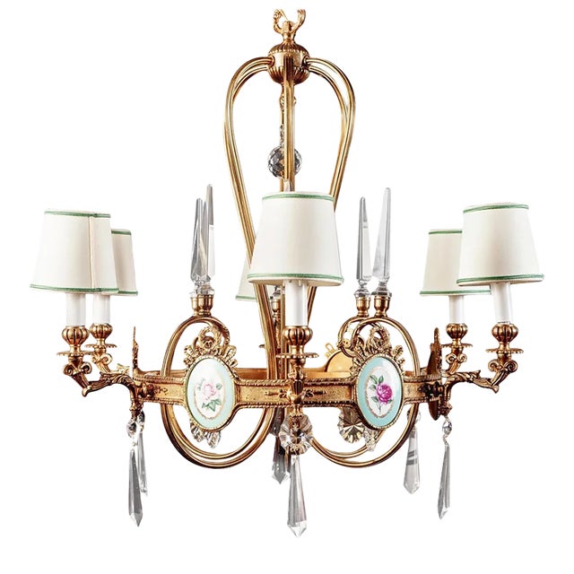 Art Deco Italian Brass Chandelier with Porcelain Insert, 1940 For Sale