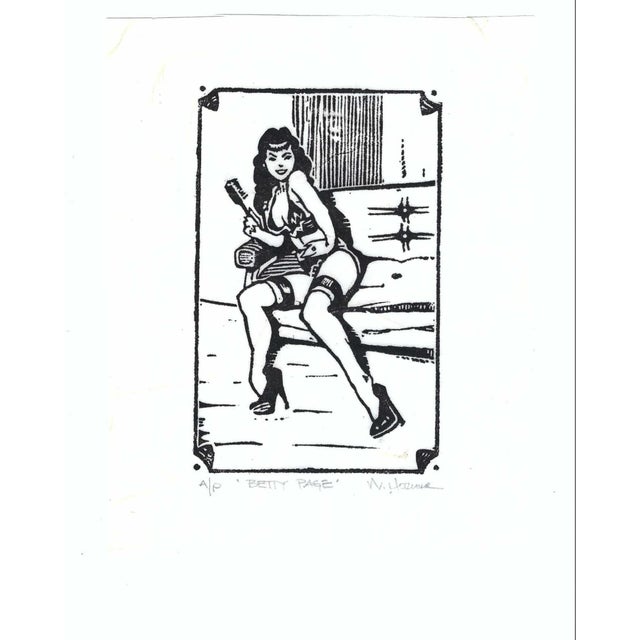 AP relief print of Betty Page (1923-2008), illegibly signed. Combined shipping available, please inquire.