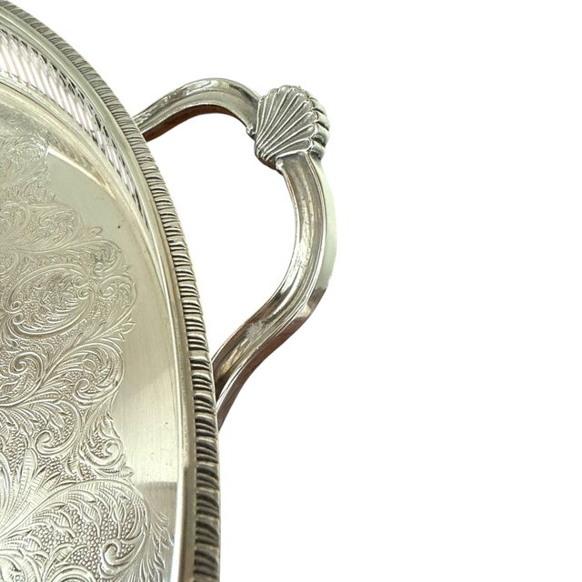 1960s Vintage English Silverplate Round Gallery Tray With Shell Handles For Sale - Image 5 of 9
