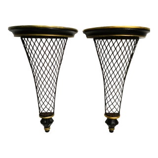 Vintage Dorothy Draper Style Black Gold Wood Metal Hollywood Regency Tall Wall Sconce Shelves For Sale