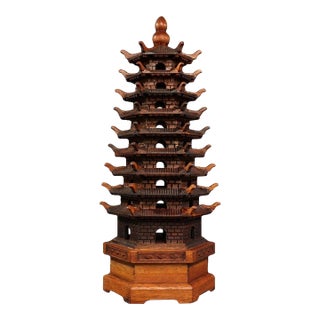 Vintage Rosewood Wenchang Pagoda Tower Statue 9-Tier Scholar's Desk Decor 17.7" For Sale