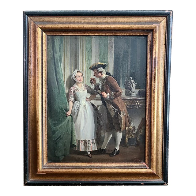 Prudent-Louis Leray Antique 19th Century French Oil Painting Interior Courting Scene For Sale