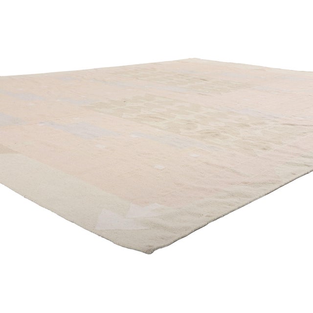 79624 Vintage Indian Dhurrie Rug, 08'10 x 11'07. The Whispered Totem: A Vintage Dhurrie Masterpiece of Modern Desert...