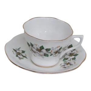 Enco National England Bone China White Floral Tea Cup and Saucer Set