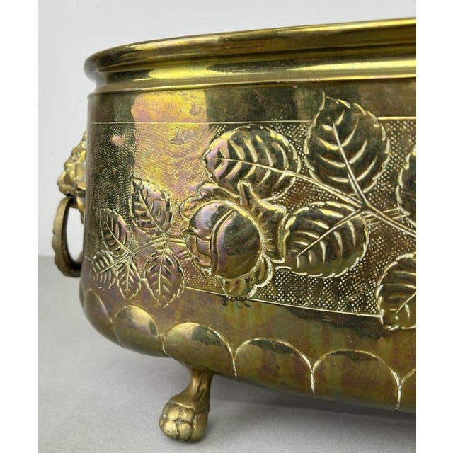 Vintage Brass Footed Planter with Floral Lion Handles For Sale - Image 4 of 18