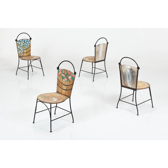 John Vesey set of 4 trompe l'oeil basket chairs featuring hand-painted seats and backs with floral and basket designs. -...
