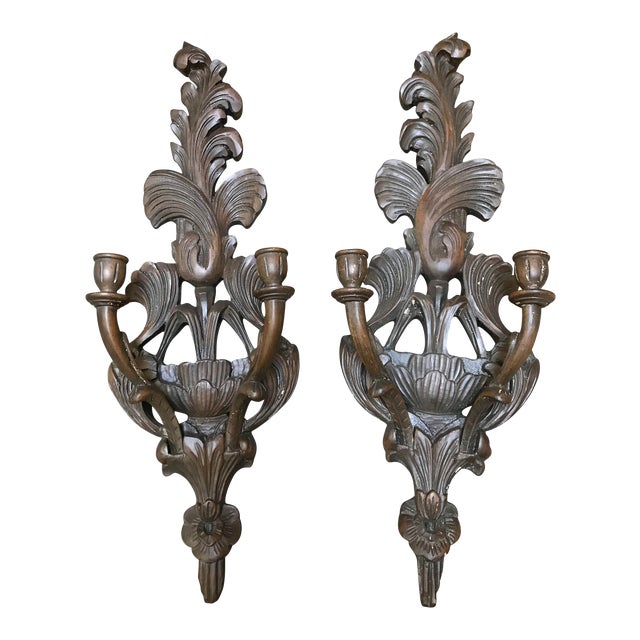 Hand Carved Vintage Wooden Candle Wall Sconces A Pair Chairish