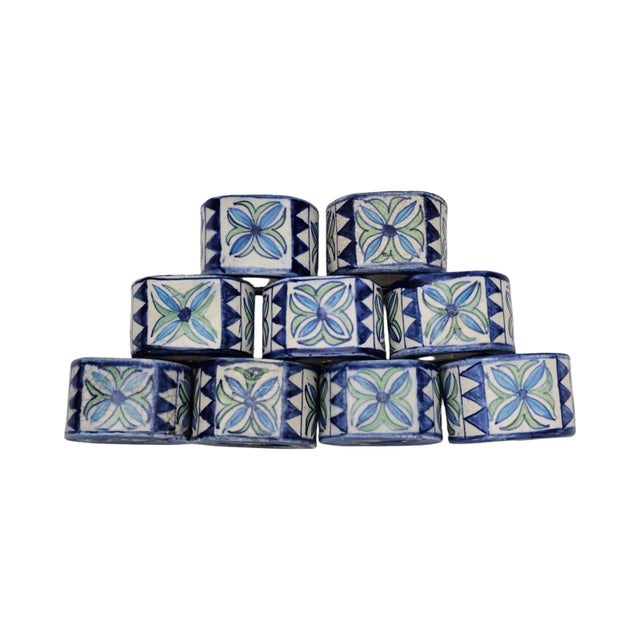 Mexican Talavera Hand-Painted Pottery Napkin Rings Set of 9 2" For Sale - Image 4 of 11