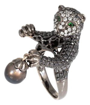Wendy Yue Panther Ring Black Diamonds Size 7 18k Blackened Gold Pearl Jewelry