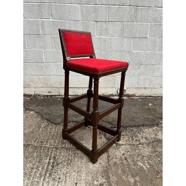 English Pair of Vintage Jacobean Style Hardwood Upholstered Bar Stools. For Sale - Image 3 of 10