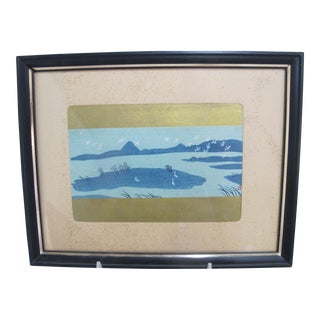 Japanese Blue Lake Water Birds Signed Framed Woodblock Print For Sale